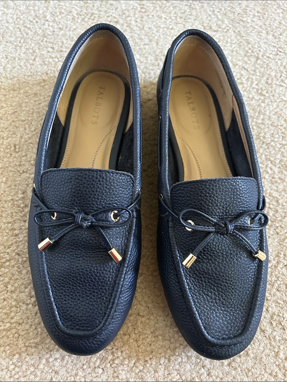 Talbots Navy Blue Pebbled Leather Bow-Accent Slip-On Loafers sz 8.5